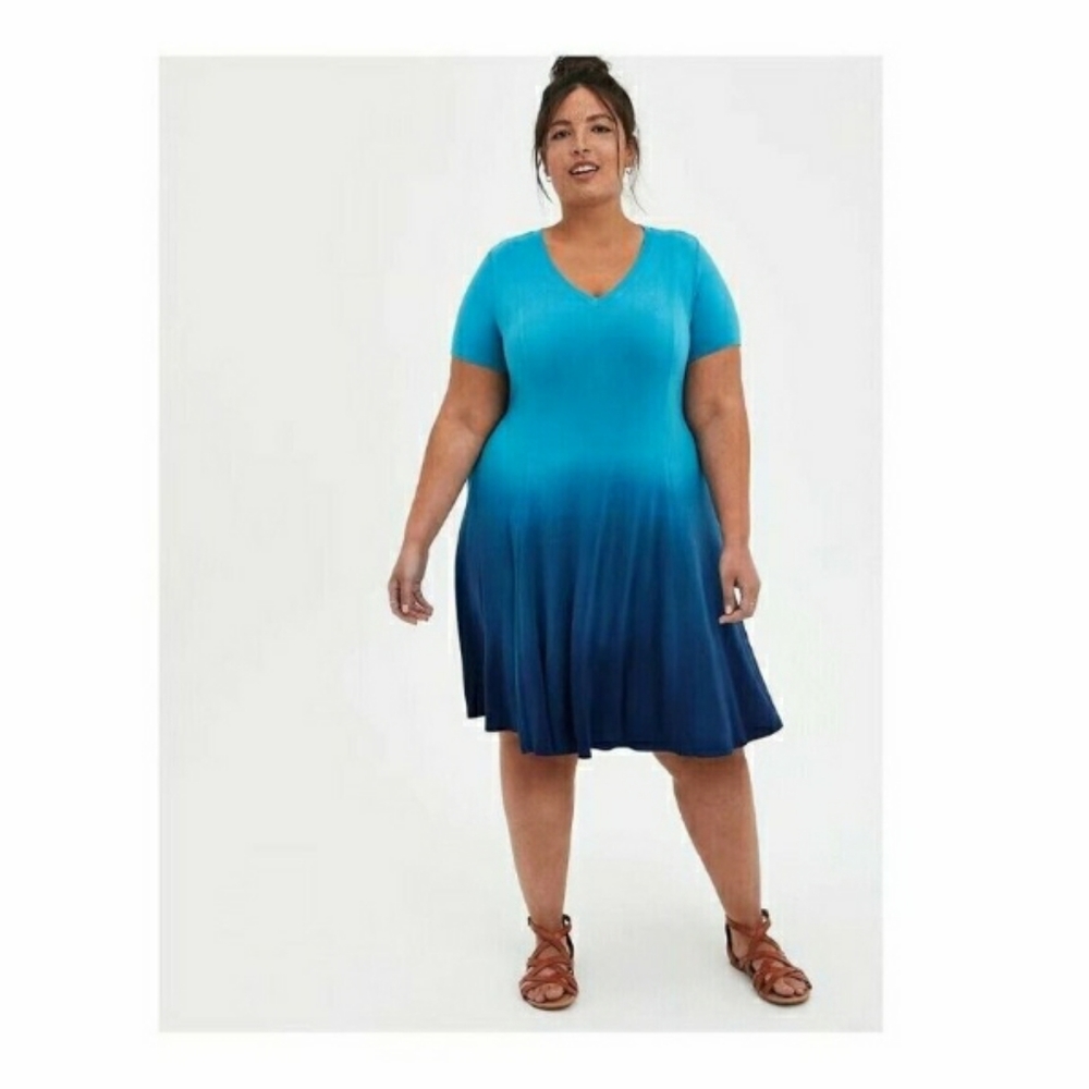 NWT Torrid Trapeze Dress Teal Dip Dye Super Soft Ombre Size 2